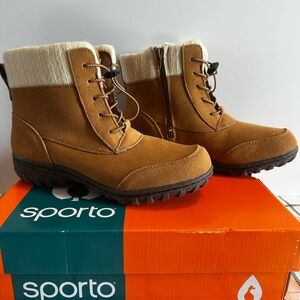 Sporto Camel Lace-Up Ankle Boots with Knit Collar